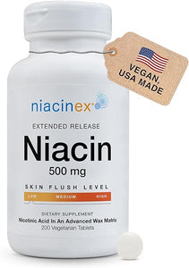 Niacin 500mg Extended Time Release Tablets Minimal to No-Flush, Vitamin B3 Supplement - Cholesterol Balance, Nicotinic Acid - Vegan, cGMP, Made in The USA - 200 Count (1) in Pakistan