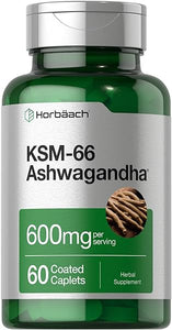 KSM-66 Ashwagandha 600mg | 60 Caplets | with L-Theanine | Vegan, Non-GMO, Gluten Free Root Extract | by Horbaach in Pakistan