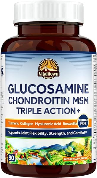 VITALITOWN Glucosamine Chondroitin MSM | Collagen, Boswellia, Turmeric, Hyaluronic Acid, Bromelain | Triple Action+ Joint Formula | 12 Joint-Loving Ingredients | 90 Tablets, No Shellfish in Pakistan