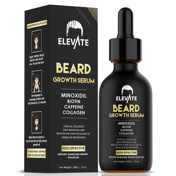 Elevate Beard Growth Oil 5% Minoxidil Hair Growth Serum with Biotin & Caffeine – Grow a Stronger Thicker Fuller Beard Faster – Natural Facial Hair Treatment for Grooming Thickening and Volume 2 Fl Oz 60mL