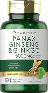 Carlyle Panax Ginseng + Ginkgo Biloba | 120 Vegetarian Capsules | 5,000mg | Vegetarian, Non-GMO, and Gluten Free Supplement in Pakistan