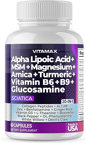 Sciatica Nerve Health Support - Sciatic Nerve Supplement Capsules with Folic Acid, Pea, Glucosamine, MSM, Vitamin B Complex, Alpha Lipoic Acid 300mg - Made in USA (60 Count (Pack of 1)) in Pakistan