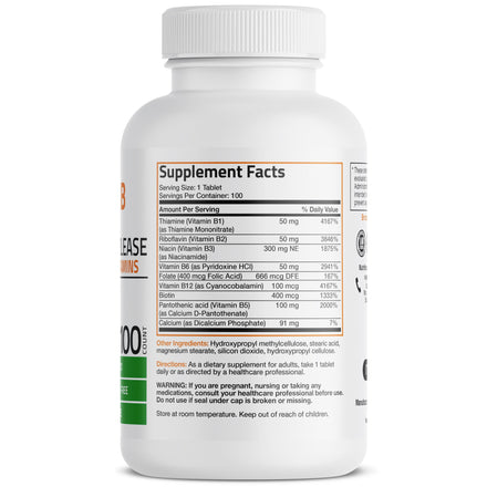 Bronson Super B Vitamin B Complex Sustained Slow Release (Vitamin B1, B2, B3, B6, B9 - Folic Acid, B12) Contains All B Vitamins 100 Tablets