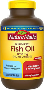 Nature Made Burp Less Omega 3 Fish Oil Softgels - 1200 mg Omega 3 Supplement for Heart Health, 200 Softgels, 100 Day Supply in Pakistan