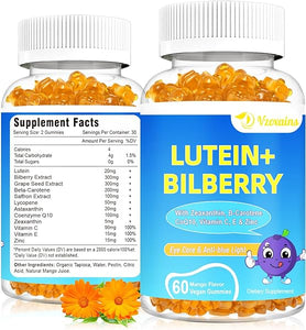 20mg Lutein & Zeaxanthin Gummies with Bilberry, Astaxanthin, Omega 3, Vitamin C, E - Sugar Free Eye Health Supplement for Adults & Kids - Dry Eye Relief, Vision Clarity, Macular Support in Pakistan