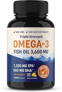 Triple Strength Omega 3 Fish Oil | 3600 mg EPA & DHA | Over 2100mg of Omega 3 Fatty Acids | 1300mg EPA + 860mg DHA | Best Essential Fatty Acids | Premium Burpless Softgel Supplements (120 Ct) in Pakistan