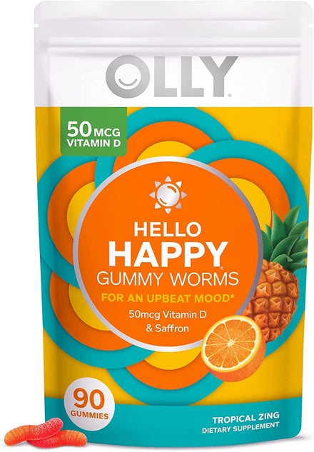 OLLY Hello Happy Gummy Worms, Vitamin D, Saffron, Mood Balance Support, Adult Chewable Supplement, Tropical Zing - 90 Count