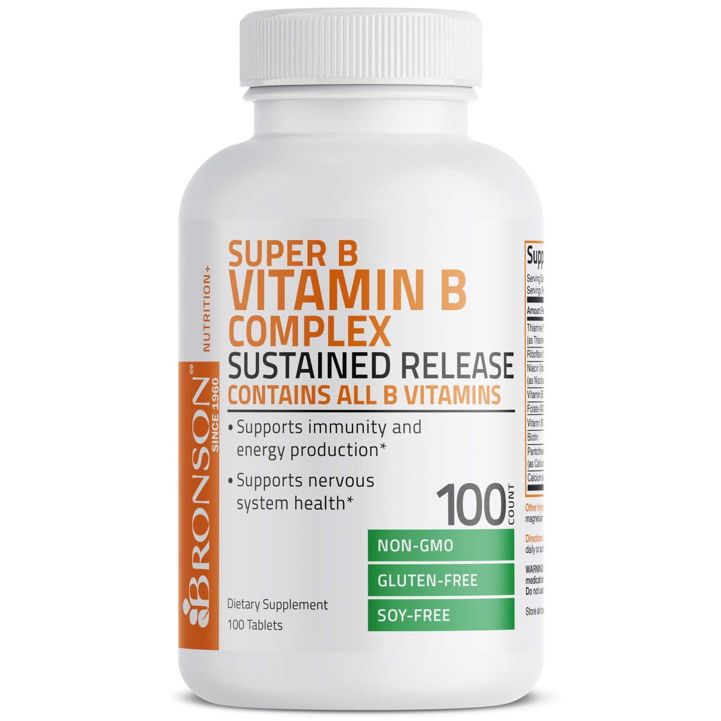 Bronson Super B Vitamin B Complex Sustained Slow Release (Vitamin B1, B2, B3, B6, B9 - Folic Acid, B12) Contains All B Vitamins 100 Tablets