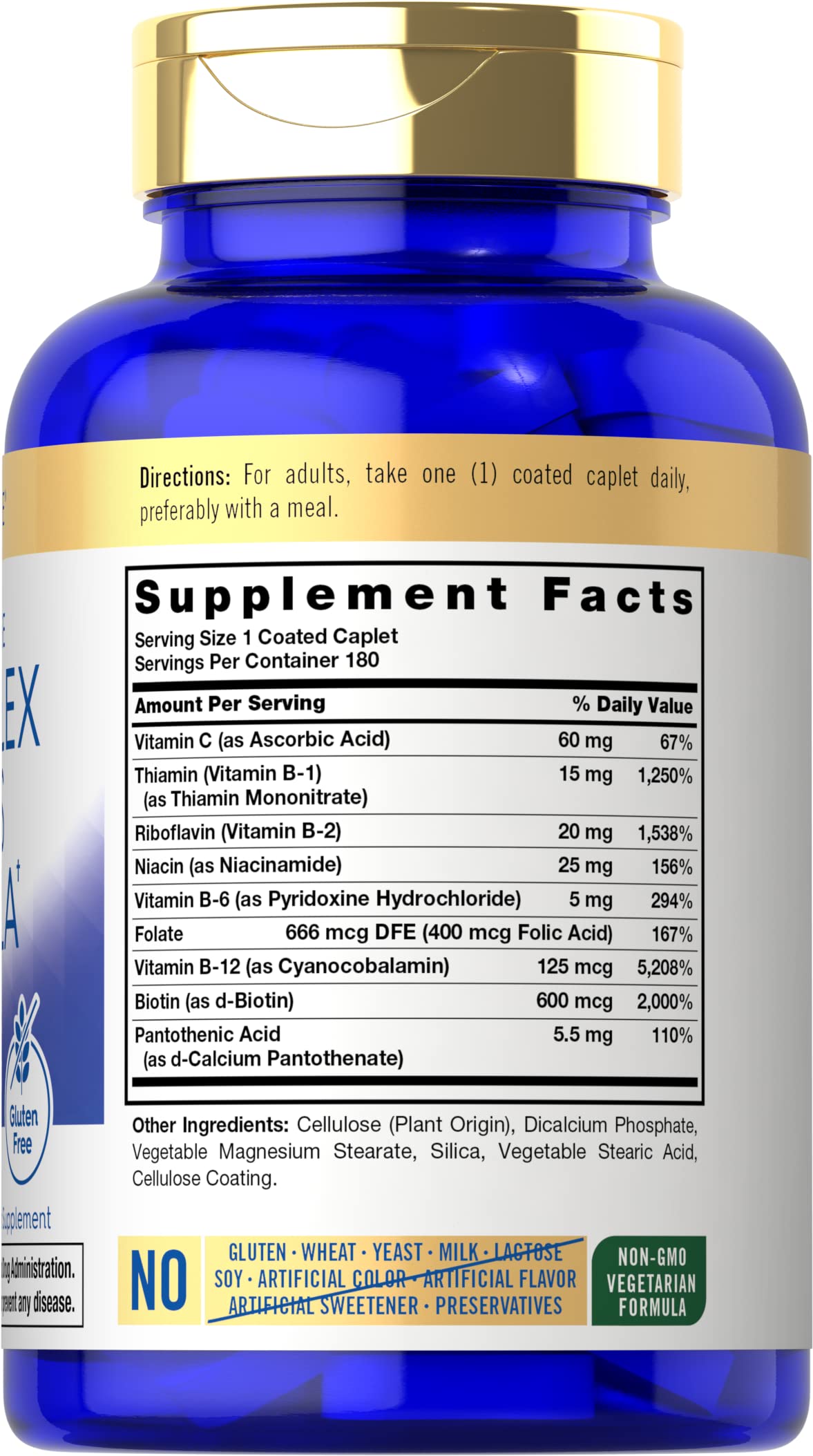 Carlyle Stress B Complex Vitamin Supplement | 180 Caplets | with Vitamin C | Non-GMO and Gluten Free