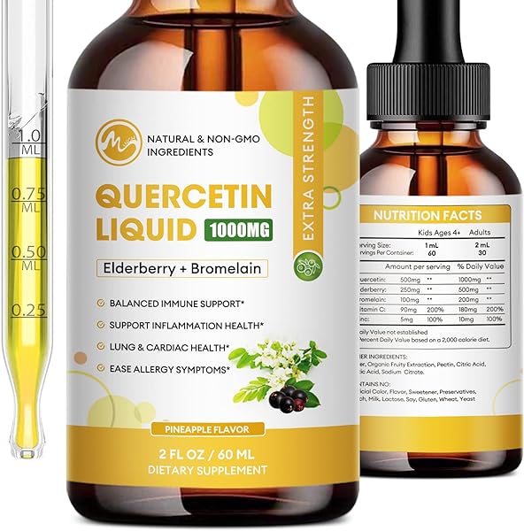 Quercetin Liquid Drops - Quercetin Supplements 1000mg - 4X Stronger Than Pills & Capsules - 5 in 1 Quercetin with Bromelain Elderberry Vitamin for Immunity Health Respiratory Health Skin Care- 2 Fl Oz in Pakistan in Pakistan