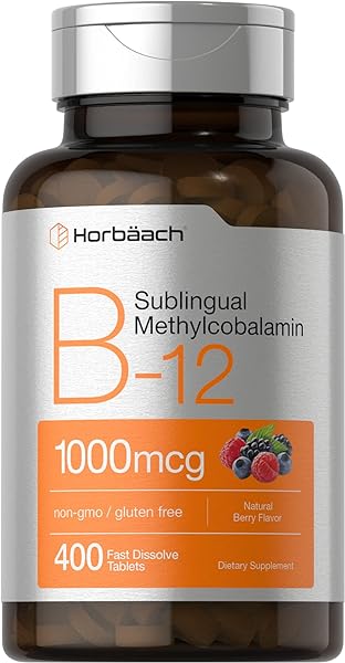 Vitamin B12 Sublingual 1000 mcg | 400 Fast Dissolve Tablets | Methylcobalamin Supplement for Adults | Natural Berry Flavor | Vegan, Vegetarian, Non-GMO, and Gluten Free | by Horbaach in Pakistan in Pakistan