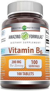 Amazing Formulas Vitamin B6 Pyridoxine 200mg 100 Tablets Supplement | Non-GMO | Gluten Free | Made in USA in Pakistan