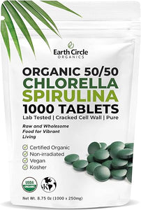 Premium Organic CHLORELLA /SPIRULINA 1000 Tablets (50/50) Kosher, Vegan - Green Algae Superfood, Cracked Cell Wall, Chlorophyll, High in Protein & Iron, no additives, or fillers 8.75 Oz (1 Pack) in Pakistan