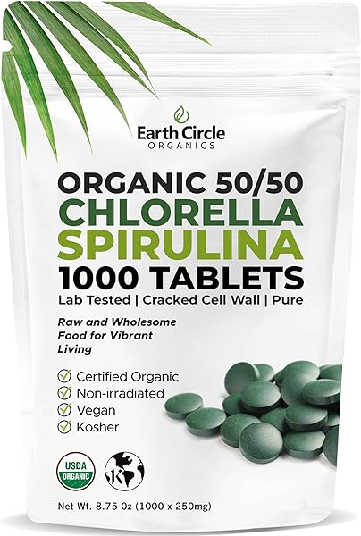 Premium Organic CHLORELLA /SPIRULINA 1000 Tablets (50/50) Kosher, Vegan - Green Algae Superfood, Cracked Cell Wall, Chlorophyll, High in Protein & Iron, no additives, or fillers 8.75 Oz (1 Pack) in Pakistan in Pakistan