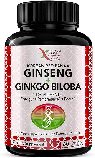 Korean Red Panax Ginseng 1200mg + Ginkgo Biloba - Extra Strength Root Extract Powder Supplement w/High Ginsenosides Vegan Capsules for Energy, Performance & Focus - Supplement for Men & Women in Pakistan