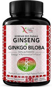 Korean Red Panax Ginseng 1200mg + Ginkgo Biloba - Extra Strength Root Extract Powder Supplement w/High Ginsenosides Vegan Capsules for Energy, Performance & Focus - Supplement for Men & Women in Pakistan