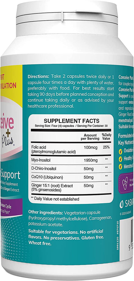 Conceive Plus Ovulation - Myo-Inositol & D-Chiro Inositol Supplement, Regulate Cycles, PCOS Vitamins, 120 Caps, 30 Days Supply