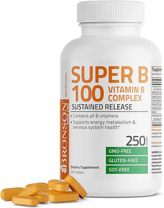Bronson Super B 100 Vitamin B Complex Sustained Release Contains All B Vitamins (Vitamin B1, B2, B3, B6, B9 - Folic Acid, B12) Supports Energy Metabolism & Nervous System Health, Non-GMO, 250 Tablets in Pakistan