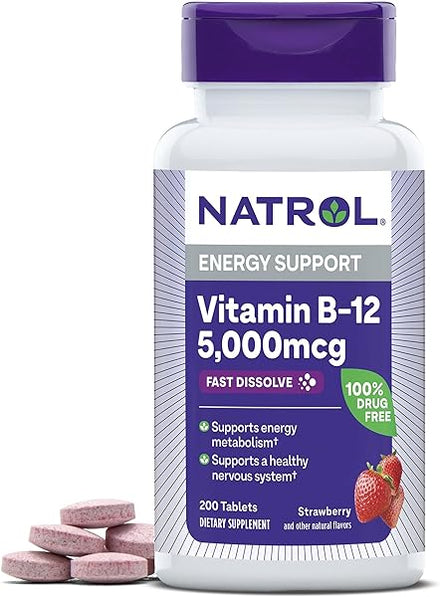 Natrol Vitamin B-12 5000mcg, Dietary Supplement for Cellular Energy Production & Healthy Nervous System Support, 200 Strawberry-Flavored Fast Dissolve Tablets, 200 Day Supply in Pakistan