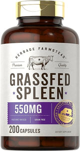 Grass Fed Beef Spleen 550mg | 200 Capsules | Desiccated Pasture Raised Bovine Supplement | Non-GMO, Gluten Free | by Herbage Farmstead in Pakistan