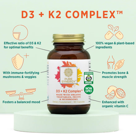 PURE SYNERGY D3 + K2 Complex | Vegan Vitamin D3 K2 Complex | Organic Vitamin D3 Supplement with Vitamin K2 and K1 Plus Organic Whole Foods | Supports Bone, Brain, and Immune Health (60 Capsules)