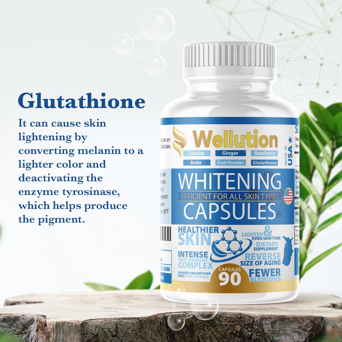 WELLUTION Skin Brightening Herbal Supplement - 90 Capsules for Clear, Glossy, and Smooth Skin - Glutathione Whitening Pills