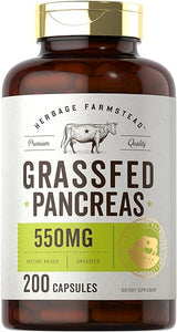 Grass Fed Beef Pancreas 550mg | 200 Capsules | Desiccated Pasture Raised Bovine Supplement | Non-GMO, Gluten Free | by Herbage Farmstead in Pakistan