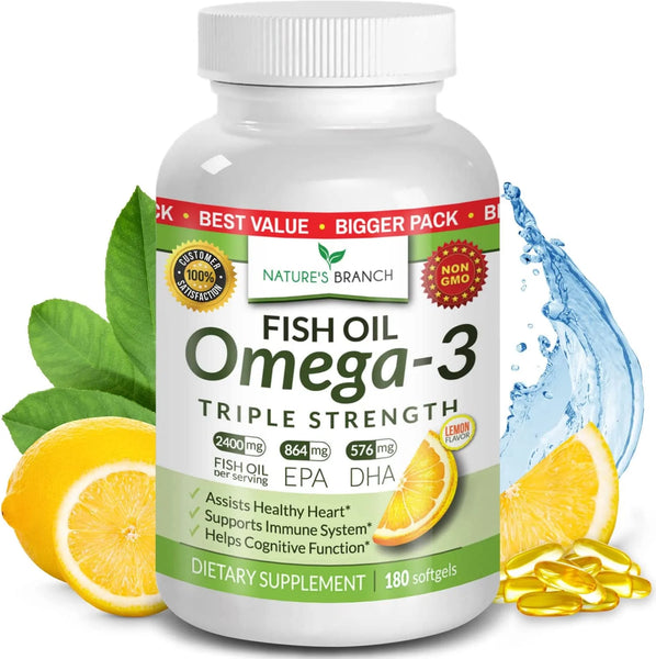 Best Triple Strength Omega 3 Fish Oil Pills - 180 Capsules - 2400mg High Potency Burpless Lemon Flavor 864mg EPA 576mg DHA Ultra Pure Liquid Softgels for Brain Joints Eyes Heart Health Supplement