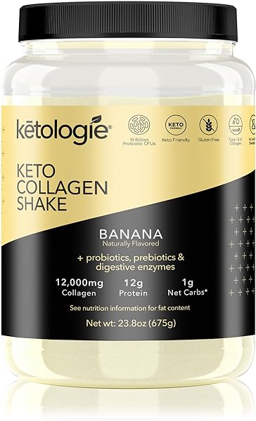 Keto Collagen Shake (Banana) - with Coconut Oil, Probiotics, Grass Fed Hydrolyzed Collagen Peptides Type I & III, Digestive Enzymes, Low Carb, Gluten Free,1.49lbs. in Pakistan