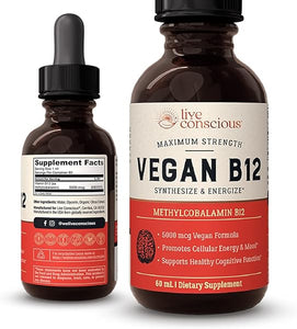 Vegan Vitamin B12 Sublingual Liquid Drops by Live Conscious- Methylcobalamin Max Strength B12 5000mcg Formula - Vegan B 12 Vitamin Support Energy & Mood, Promote Memory, Aid Immune System - 60 Serving in Pakistan
