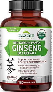 Zazzee USDA Organic Red Korean Panax Ginseng 20:1 Extract, 8000 mg Strength, 5% Ginsenosides, 120 Vegan Capsules, Standardized and Concentrated 20X Root Extract, 100% Vegetarian, All-Natural, Non-GMO in Pakistan