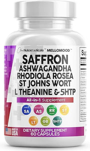 Clean Saffron Supplements with Ashwagandha 8000mg - Mood Support with L-Theanine 200mg, Ginkgo Biloba 6000mg, St. John's Wort 6000mg, Rhodiola Rosea 3000mg & 5-HTP 500mg - Saffron Pills Capsules USA in Pakistan
