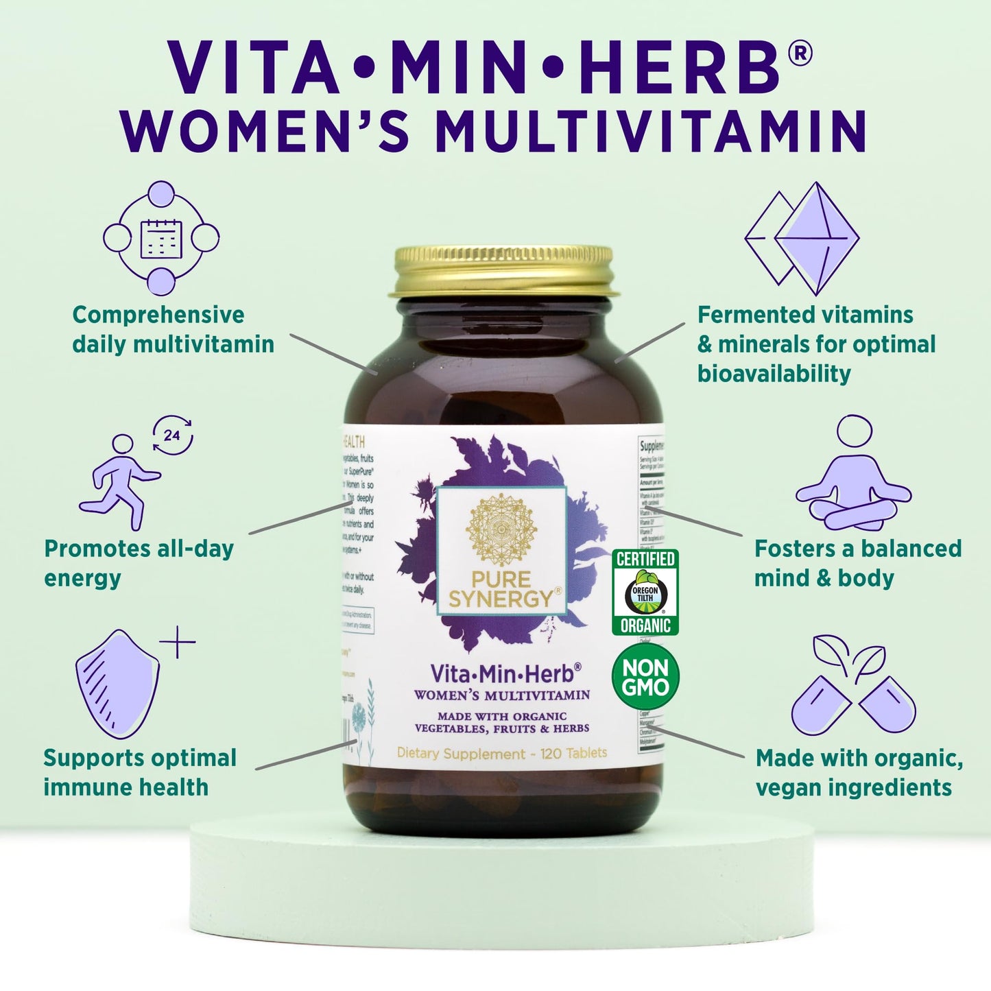 PURE SYNERGY Vita·Min·Herb for Women | Women’s Comprehensive Multivitamin Supplement | Made with Organic Whole Food Non-GMO & Vegan Ingredients | Supports Energy & Immune Health (120 Tablets)