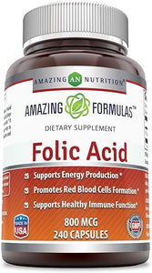 Amazing Formulas Folic Acid Supplement | 800 Mcg | 240 Capsules | Non-GMO | Gluten Free | Made in USA in Pakistan