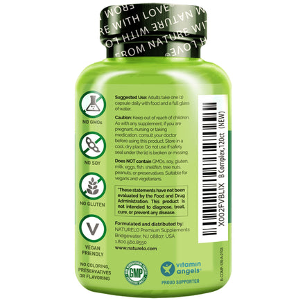 NATURELO Vitamin B Complex with Methyl B12, Methyl Folate, Vitamin B6, Biotin Plus Choline, CoQ10, and Fruit & Vegetable Blend - Supports Energy & Healthy Stress Response - Vegan - 120 Capsules