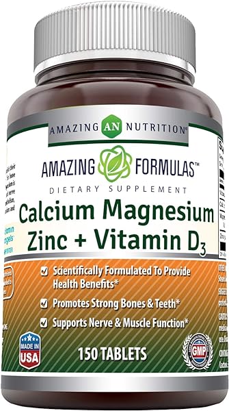 Amazing Formulas Calcium Magnesium Zinc D3 | 150 Tablets Supplement | Calcium 1000mg, Magnesium 400mg, Zinc 25mg, Vitamin D3 600 IU | Non-GMO | Gluten Free | Made in USA in Pakistan