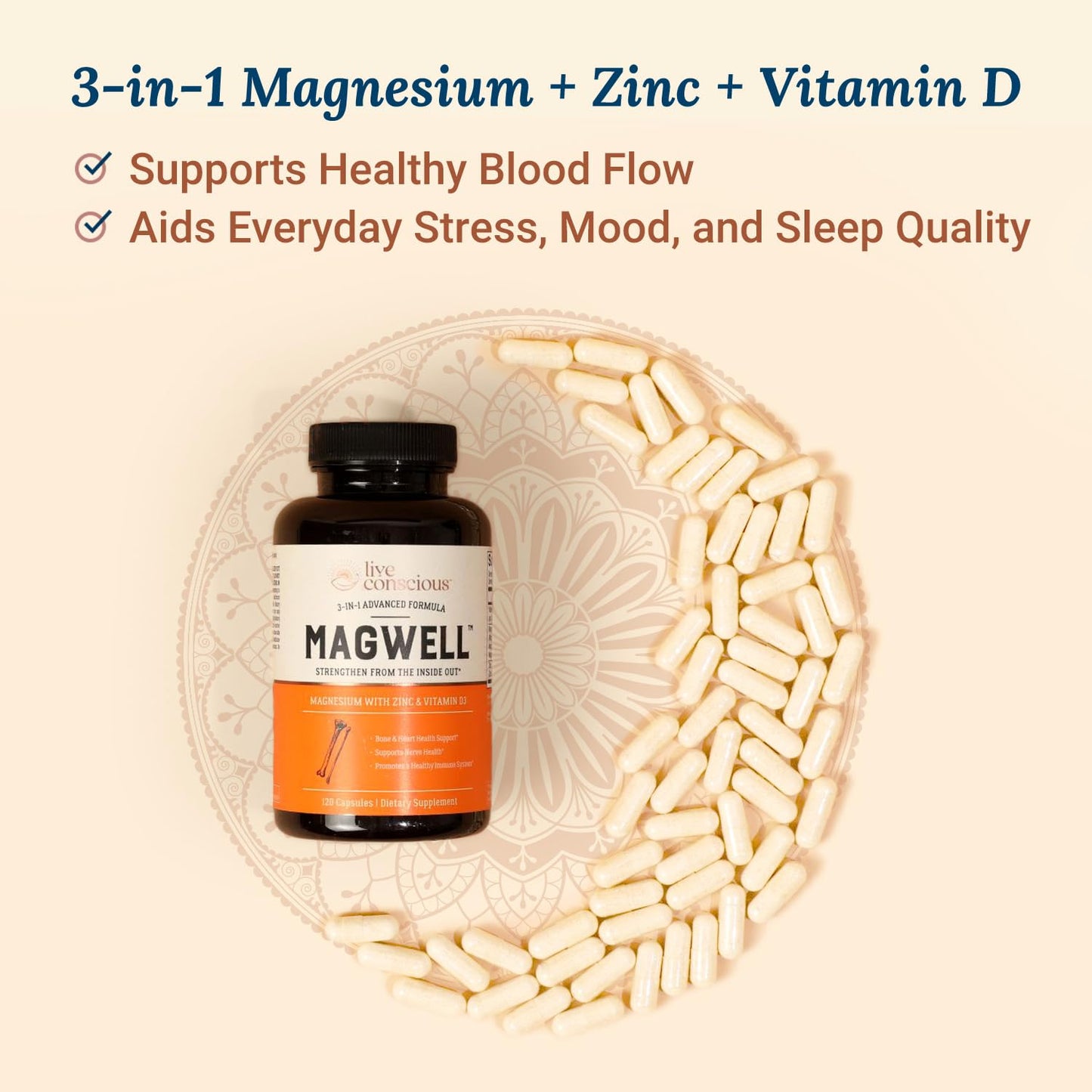 Live Conscious Magwell Magnesium Zinc & Vitamin D3 - Magnesium Glycinate, Malate, & Citrate - Triple Supplement for Women & Men - for Sleep, Bone, Heart, Immune Support - 120 Caps