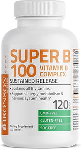 Bronson Vitamin B 100 Complex High Potency Sustained Release (Vitamin B1, B2, B3, B6, B9 - Folic Acid, B12), 120 Tablets in Pakistan
