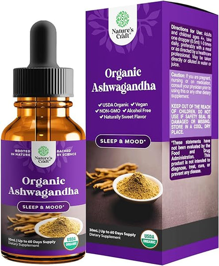 USDA Organic Ashwagandha Liquid Drops - Vegan Liquid Ashwagandha Root Extract for Energy Stress and Mood Support - Tasty Adaptogenic Pure Ashwagandha Tincture for Adults & Kids Non-GMO & Alcohol Free in Pakistan