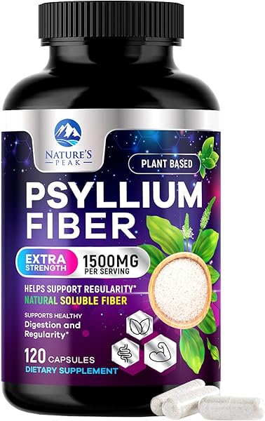 Psyllium Fiber Supplement 1500mg - Non-GMO, Natural Soluble Fiber for Daily Digestive Health & Regularity Support, Prebiotic Psyllium Husk Powder Caps with Plant Based Fiber, Sugar Free - 120 Capsules in Pakistan