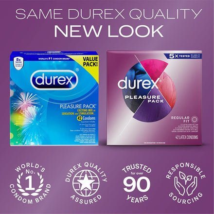 Durex Pleasure Pack Assorted Condoms, Natural Rubber Latex Condoms for Men, Regular Fit, FSA & HSA Eligible, 42 Count (Packaging may Vary)