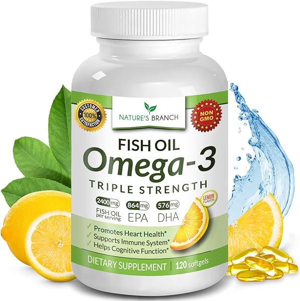 Best Triple Strength Omega 3 Fish Oil Pills 2400mg | 120 Capsules | Burpless High Potency Lemon Flavor | 864mg EPA 576mg DHA Ultra Pure Liquid Softgels | Brain Joints Eyes Hair Heart Health Supplement in Pakistan in Pakistan