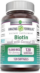 Amazing Formulas Biotin 10000mcg with Extra Virgin Organic Coconut Oil 120 Softgels | Non-GMO | Gluten Free | Made in USA in Pakistan