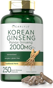 Carlyle Korean Ginseng Extract Capsules 2000 mg | 250 Capsules | Non-GMO and Gluten Free Formula | Standardized Panax Ginseng Supplement in Pakistan