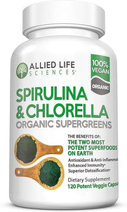 Allied Life Spirulina and Chlorella | Organic Chlorophyll Vegan Protein Powder Green Superfood | 120 Capsules in Pakistan