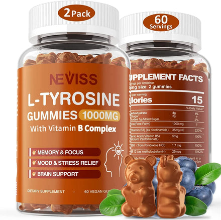 L Tyrosine Gummies 1000mg with Vitamin B Complex, B3, B5, B6, B12, Brain Supplement for Neurotransmitter Support, Focus & Memory, Cognition, Energy, Mood, Stress-Relief, Blueberry Flavor Gummies 60Cts