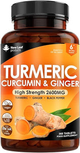 Turmeric Tablets 2600mg Extract High Strength with Black Pepper & Ginger (365 Tablets) Active 95% Turmeric Curcumin Supplements, Vegan, GMP, GMO Free Gluten Free, UK Made by New Leaf in Pakistan