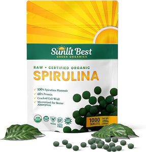 Sunlit Best - USDA Organic Spirulina Tablet - Natural Super Greens Supplements for Immune Support, Gut Health & Energy Drink Tablets with Chlorophyll, Vegan & High Protein Non GMO, 1000 Superfood Tabs in Pakistan