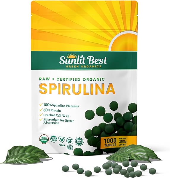 Sunlit Best - USDA Organic Spirulina Tablet - Natural Super Greens Supplements for Immune Support, Gut Health & Energy Drink Tablets with Chlorophyll, Vegan & High Protein Non GMO, 1000 Superfood Tabs in Pakistan in Pakistan