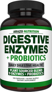 Digestive Enzymes with Probiotics - Multi Enzyme Nutritional Supplement - Acidophilus Bromelain Papaya Papain Lipase & Lactase - Improve Digestion - 120 Pills - Arazo Nutrition in Pakistan